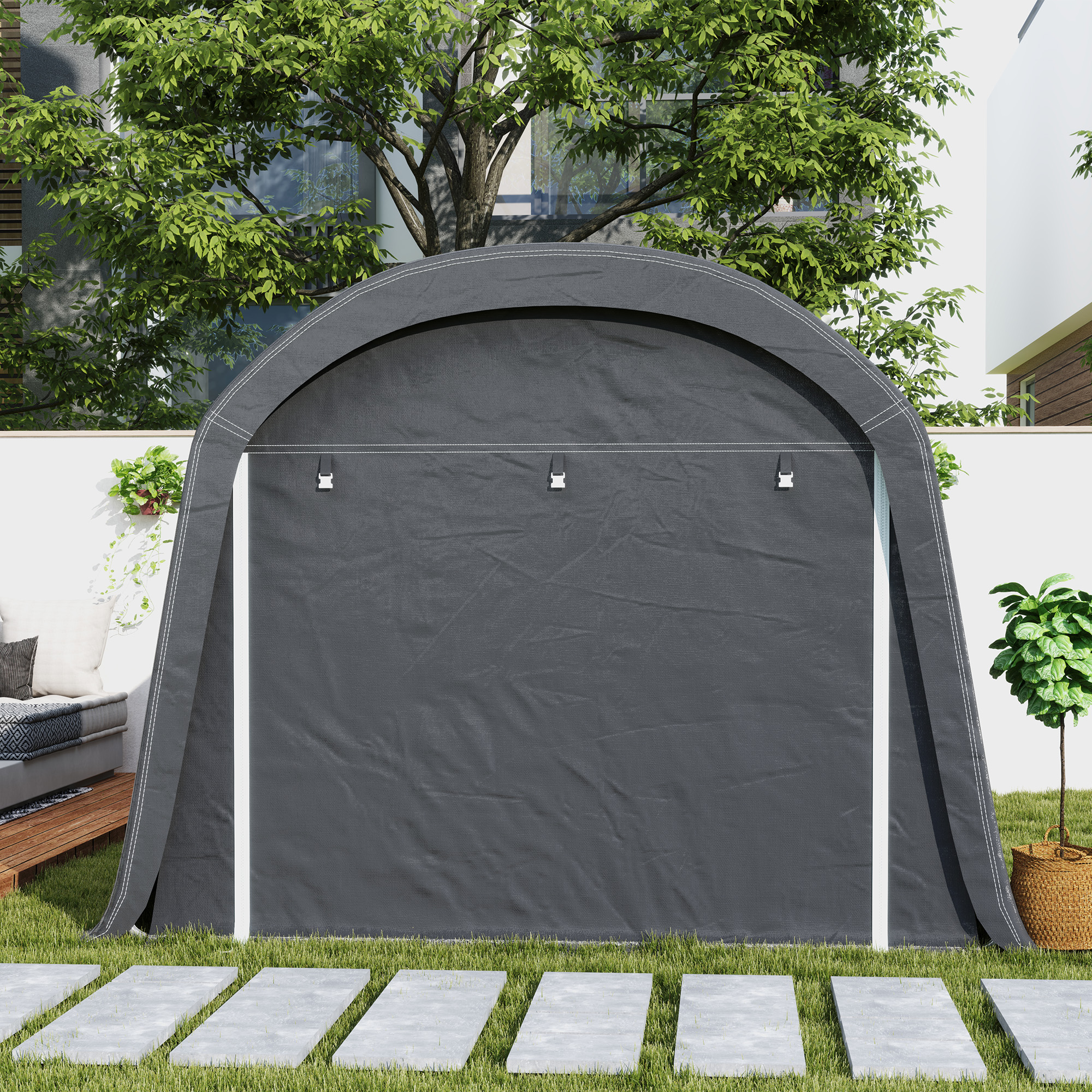 /Tuinschuur met Plastic Zeil, Gereedschapstent, Opzetbare Garage, 300B x 450D x 230H cm, Donkergrijs