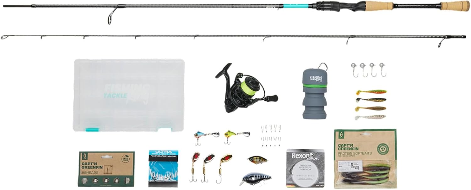 Fishing-King Tackle Zielfisch Barsch Angelset | Spinnrute 2,30 m und 7-28 g | Spinnrolle 2000 mit Schnur | Box, Köder und viel Zubehör
