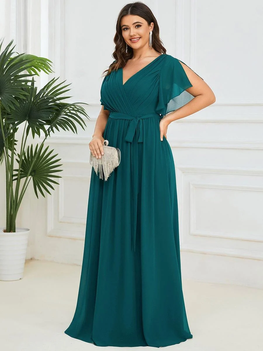 Abendkleid Damen Maxi A-Linie aus Chiffon | Festliches Kleid f��r Hochzeitsg?ste mit V-Ausschnitt und Fl��gel?rmeln