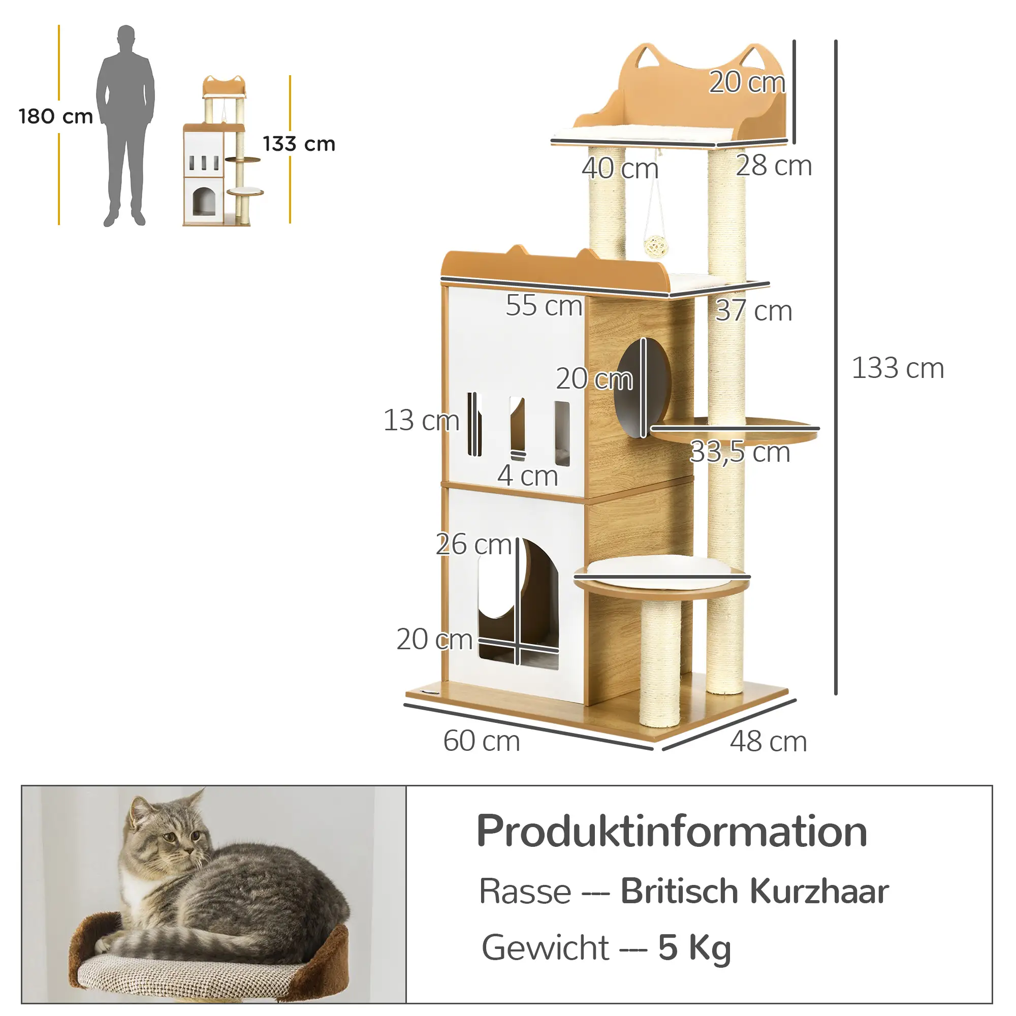 PawHut Krabpaal Kattenmeubel met Sisal Krabpalen en Speelbal Eiken Wit