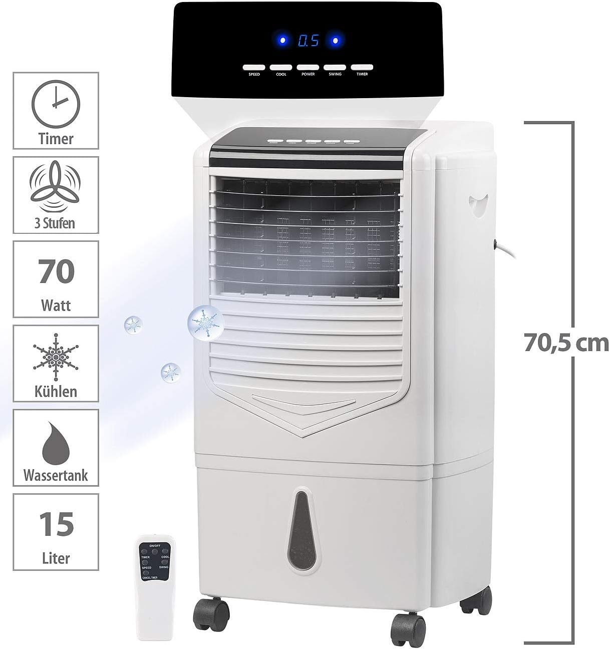 Sichler Haushaltsgeräte Kühler: Verdunstungs-Luftkühler mit Oszillation und Timer, 15 Liter, 70 Watt (Luftkühler mit Wasserkühlung, ohne Schlauch, Kühl)