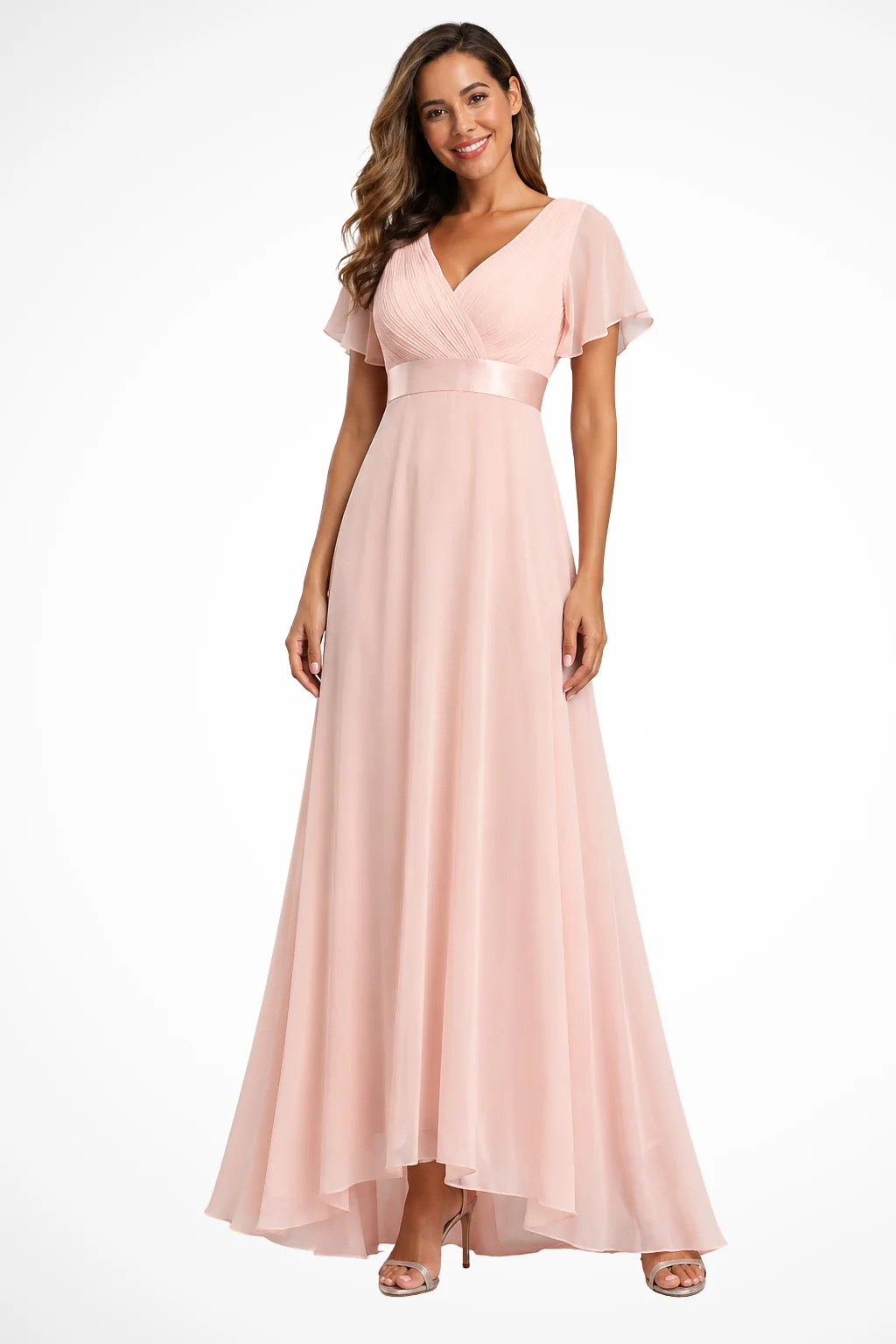Maxikleid Damen aus Chiffon | Festliches Kleid f��r Hochzeitsg?ste mit V-Ausschnitt und Flatter?rmeln | Flie?endes Abendkleid