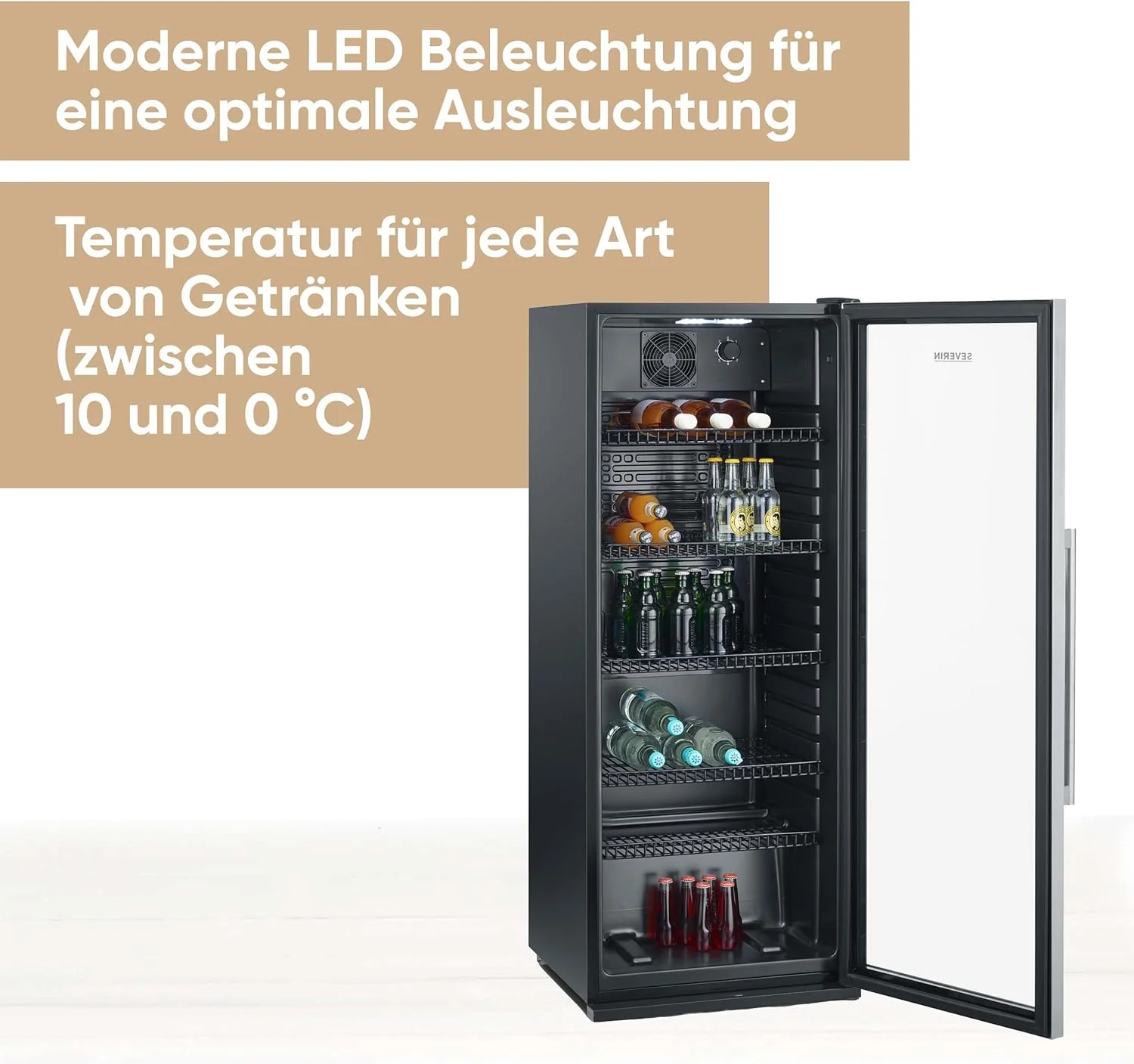 SEVERIN Flaschenk��hlschrank, mit integriertem Schloss und integrierter LED-Beleuchtung, 118 L Nutzinhalt, schwarz/silber, FSK 8840