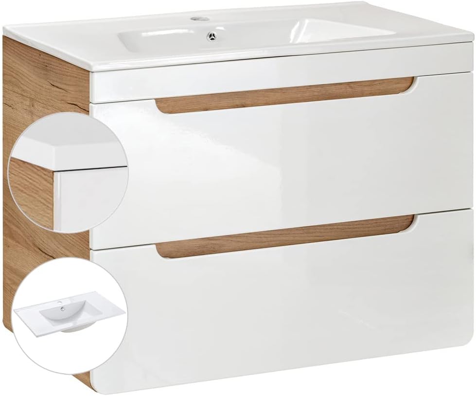 Lomadox Badmöbel Set in Hochglanz weiß mit Wotan Eiche Nb., Keramik-Waschtisch mit 81 cm Unterschrank, LED-Spiegelschrank, Hängeschränke, Hochschrank