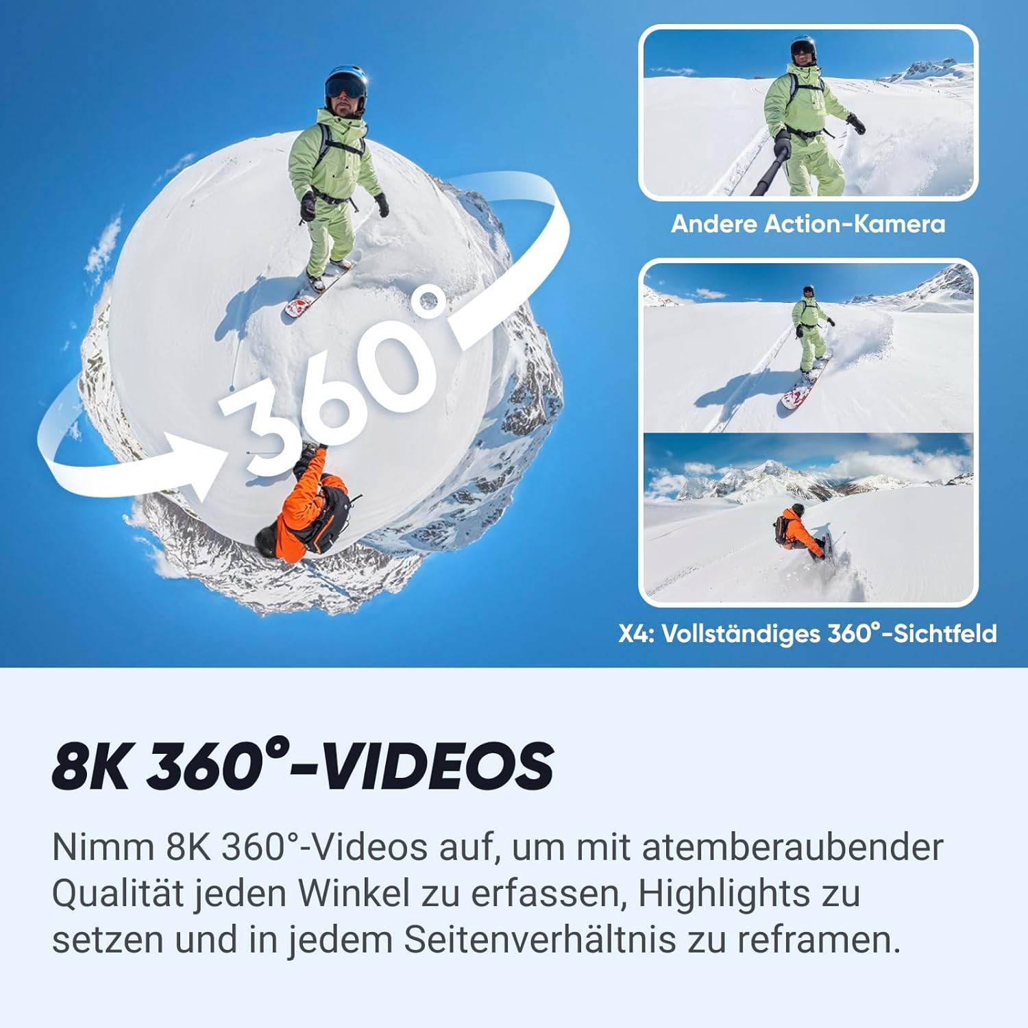 X4 Snowboard-Bundle – wasserdichte 8K 360°-Action-Cam, 4K Weitwinkelvideos, Unsichtbarer Selfie-Stick Effekt, 135 min Akkulaufzeit, KI-Bearbeitung, Stabilisierung, Ohne microSD Karte