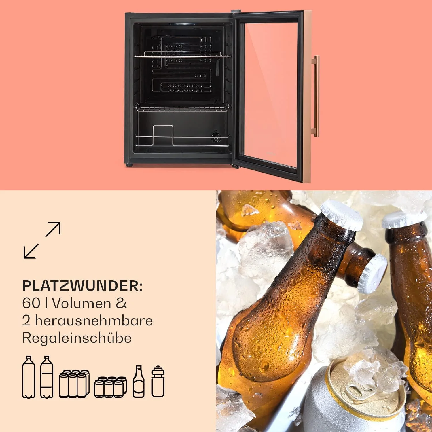 Klarstein Mini Koelkast met Glazen Deur voor Kamer, Drankenkoelkast met Verstelbare Planken, Klein 80 Liter, Indoor/Outdoor Koelkast Stil