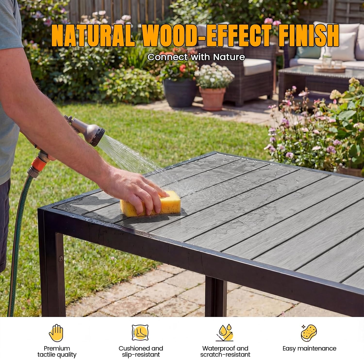 Devoko Gartenmöbel Set 6 stühle mit Tisch, Bestehend aus 1 Aluminiumtisch und 6 Klappstühlen für balkonmöbel. 1 x 150 cm Gartentisch mit Holzmaserung, Terrassenmöbel-Set, Dunkelgrau.