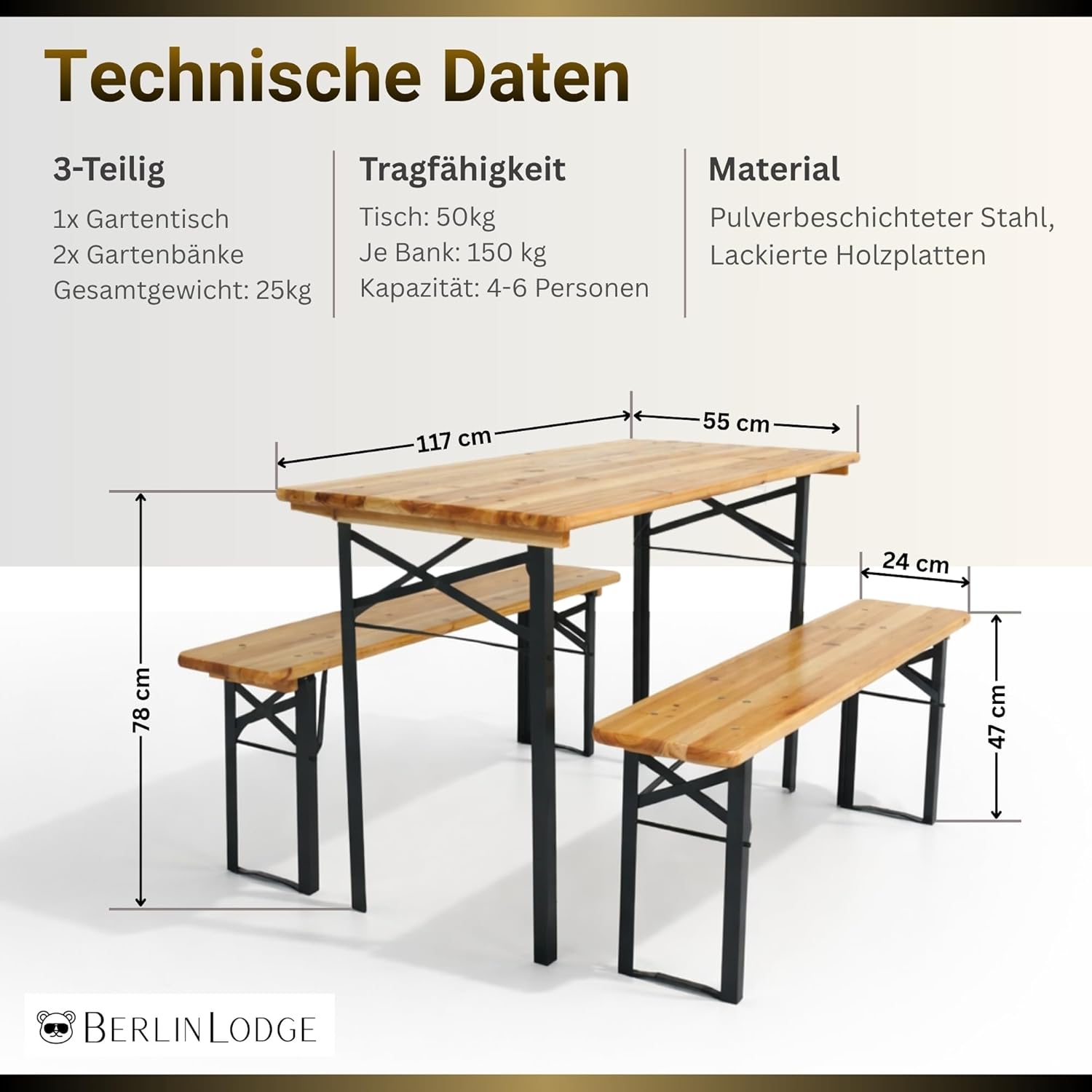 CHEFGASTRO Bierzeltgarnitur Wiesn klein & klappbar 116 cm breit 3-teilig 1x Tisch & 2X Bierbank, lackiertes Holz, Festzeltgarnitur kurz Gartenmöbel-Set Kinder Sitzgarnitur Innen & Außenbereich