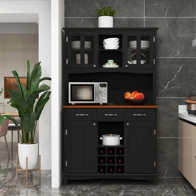 Wood Buffet Hutch Cabinet Kitchen Hutch Sideboard Kitchenware Server with 3 Large Drawers & 9 Wine Grids