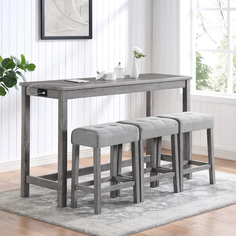 Bar Dining Table Set and 3 Bar Stools with Power Outlet Kitchen Breakfast Nook Wooden Dining Table Chairs Sets