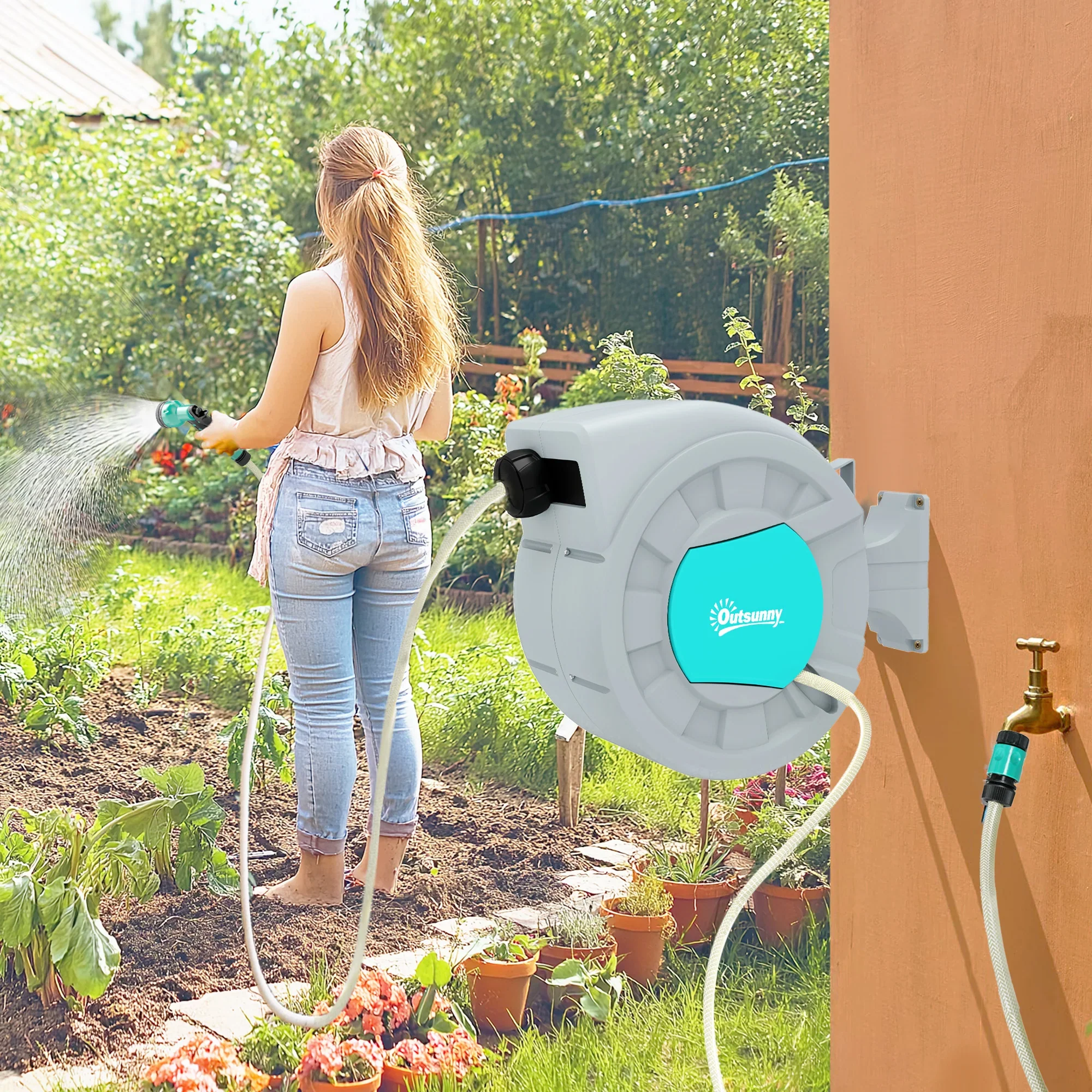 Outsunny Slanghaspel Tuingeel 30m Automatisch 7 Spuitfuncties