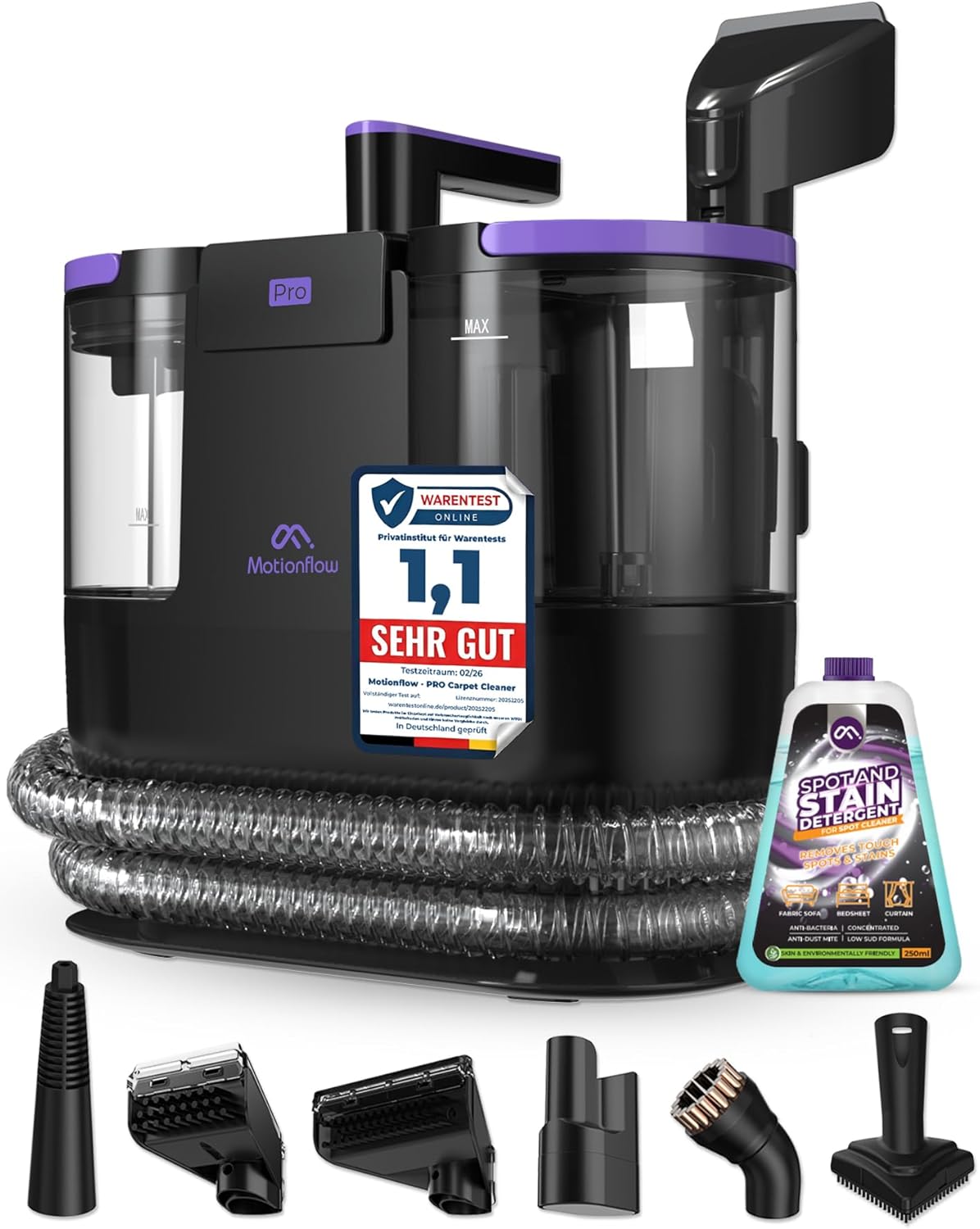 Motionflow PRO Teppichreiniger Waschsauger mit Dampffunktion – 1700W Dampfbürste, Polsterreiniger für Teppiche, Polstermöbel und Autositze uvm. Nasssauger mit Selbstreinigung, Dampfreiniger für alles