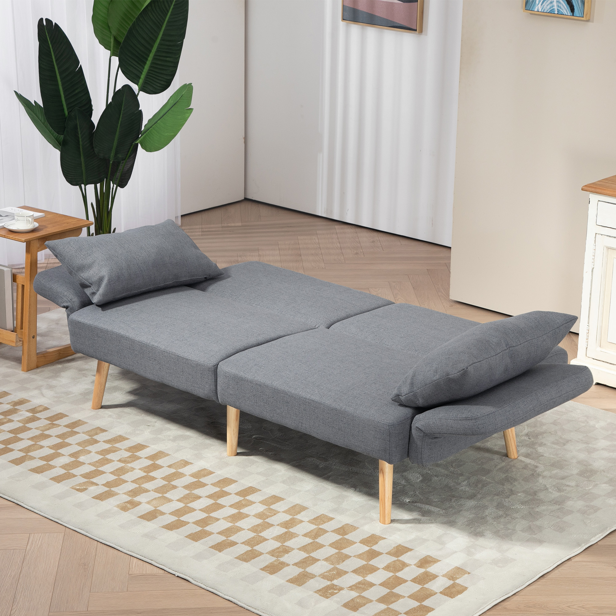 3-Zits Slaapbank, Gasten Tweepersoonsbed, tot 240 kg, Opklapbare Leuningen, Houten Frame, 170 x 83 x 80 cm, Grijs