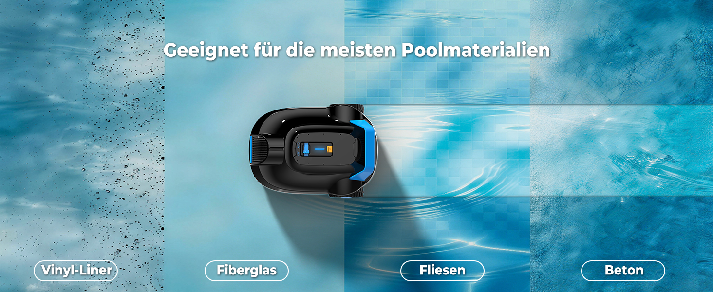 Der Text lautet „Designt für die meisten Poolmatratzen“. Unterwasser-Kameraansicht mit schwimmendem Gerät oder Aufsatz in Blauwasserumgebung.