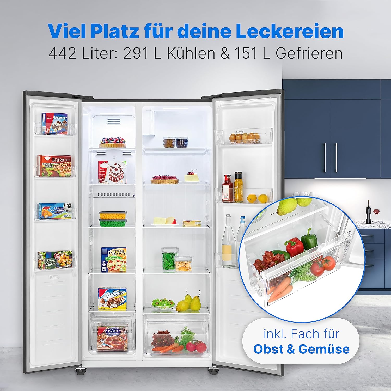 Bomann® Side by Side Kühl Gefrierkombination | No Frost | 442L Inhalt | Kühlschrank mit Gefrierfach | Kühlschrank mit MultiAirflow-Technologie | Verbrauch 287 kWh/Jahr | SBS 7344 black-inox