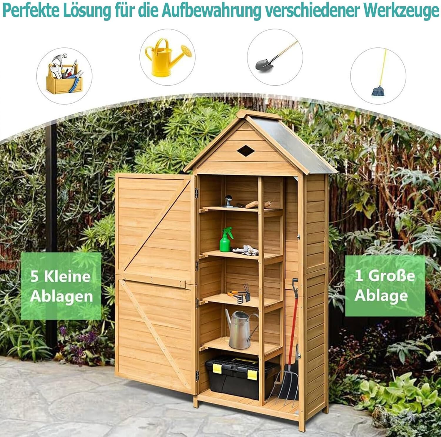 RELAX4LIFE Gerätehaus Garten, Gartenhaus aus Holz, Gartenschrank mit Satteldach, Geräteschrank wetterfest, Geräteschuppen mit Ablagen, Werkzeugschrank für den außenbereich, 177 x 80 x 45 cm