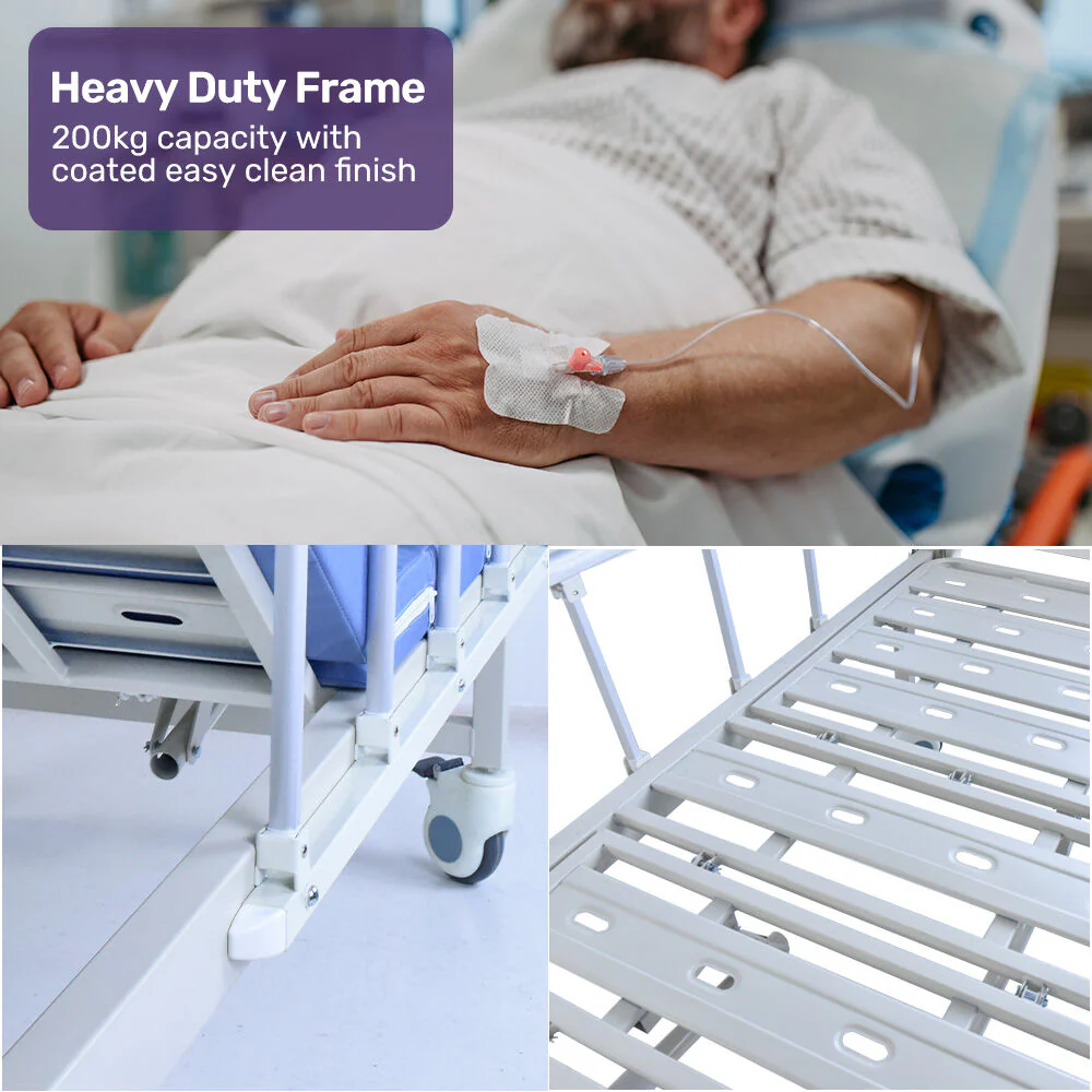 EQUIPMED Medical Bed, w/ Mattress & Over Bed Table, Easy Manual Back and Leg Incline Adjustable, IV Pole, Home Aged Care or ICU Hospital