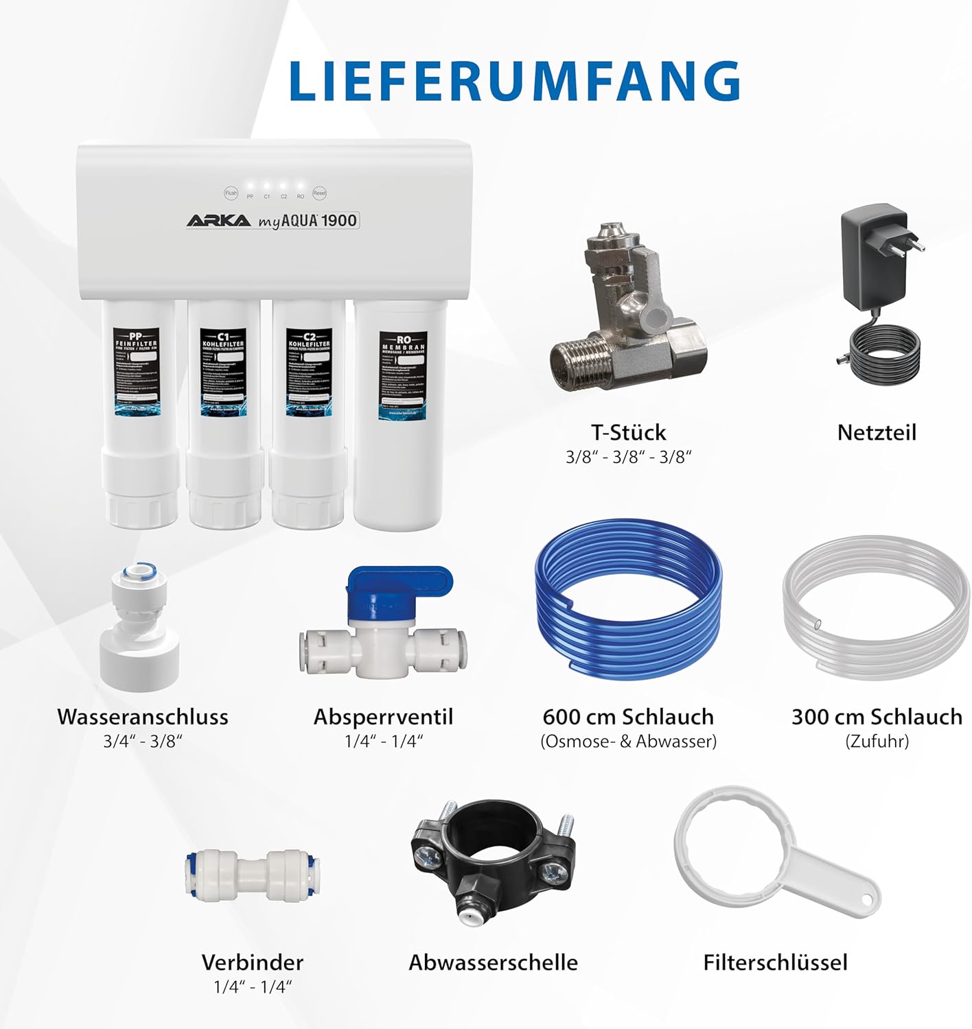 ARKA myAQUA 1900 Umkehrosmoseanlage 1900 L/Tag - Wasserfilter & Enthärtungsanlage, entfernt bis zu 99% Salze, Schadstoffe & Bakterien - Für Aquarien & Haushalt