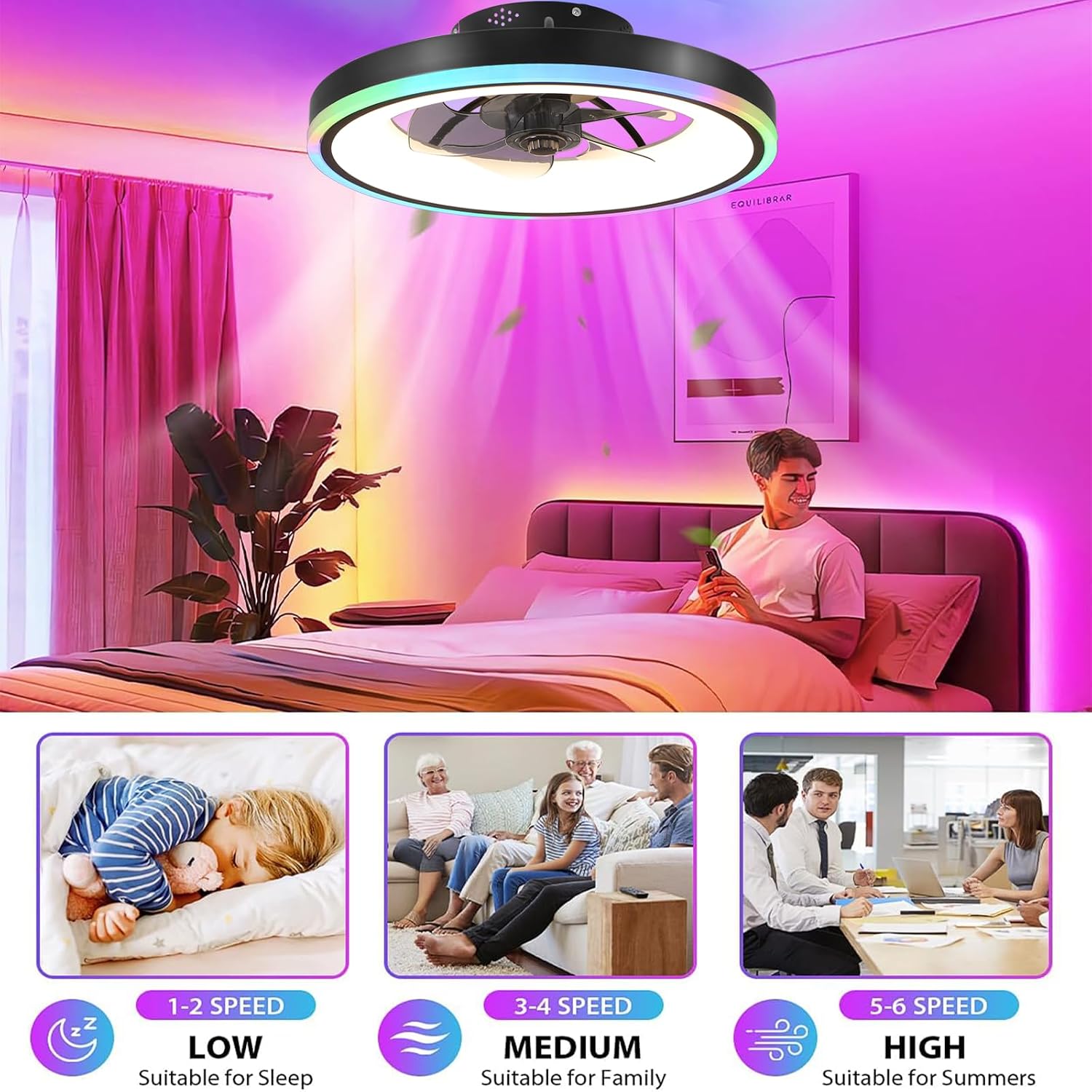 RGB Deckenventilator mit Beleuchtung, Leise Deckenlampe mit Ventilator mit Fernbedienung und APP, 6 Gang, 60W LED Deckenventilator mit Licht Dimmbar für Schlafzimmer, Wohnzimmer, 3000-6500k, 50cm