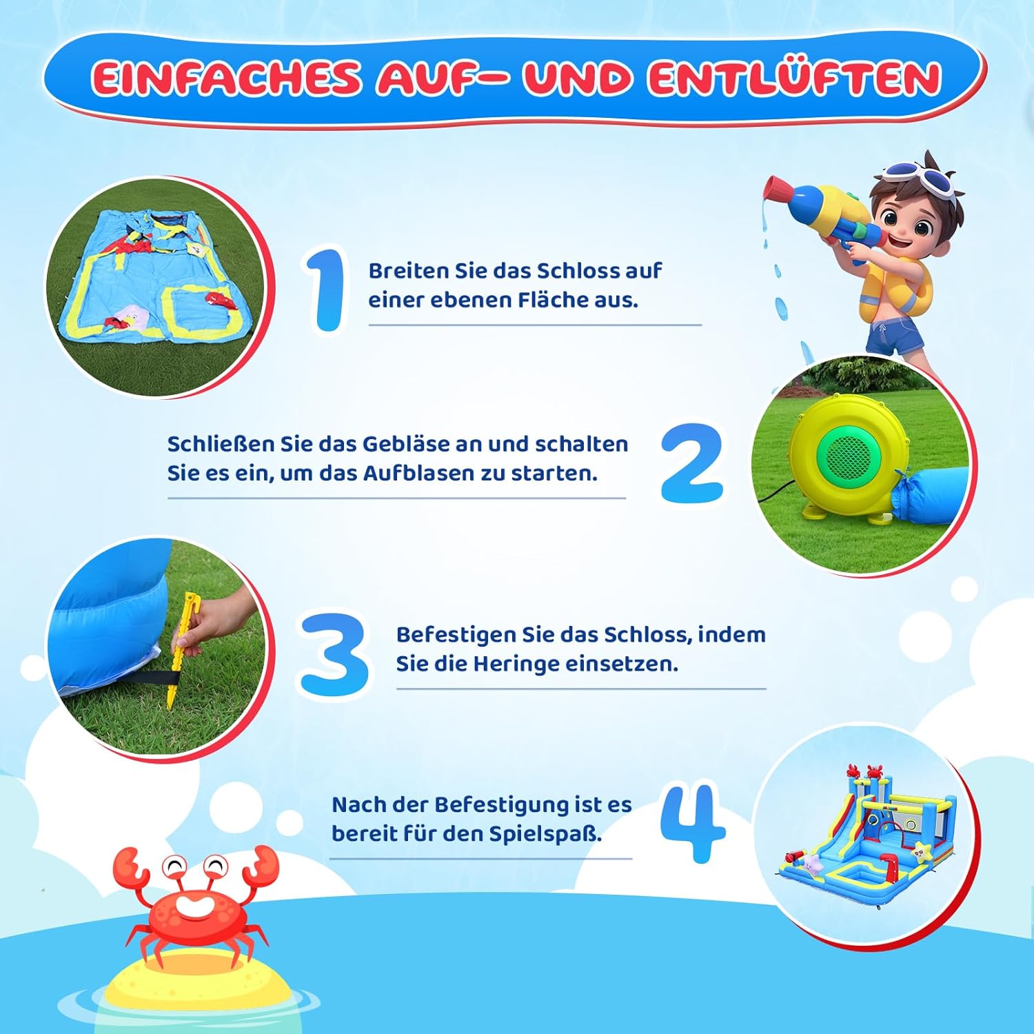 Bonnlo hüpfburg Indoor/Outdoor, hüpfburg mit Gebläse und Troken-/Wasserrutsche, Spielhaus Outdoor für Kinder ab 3 Jahre (Blau-XXL)