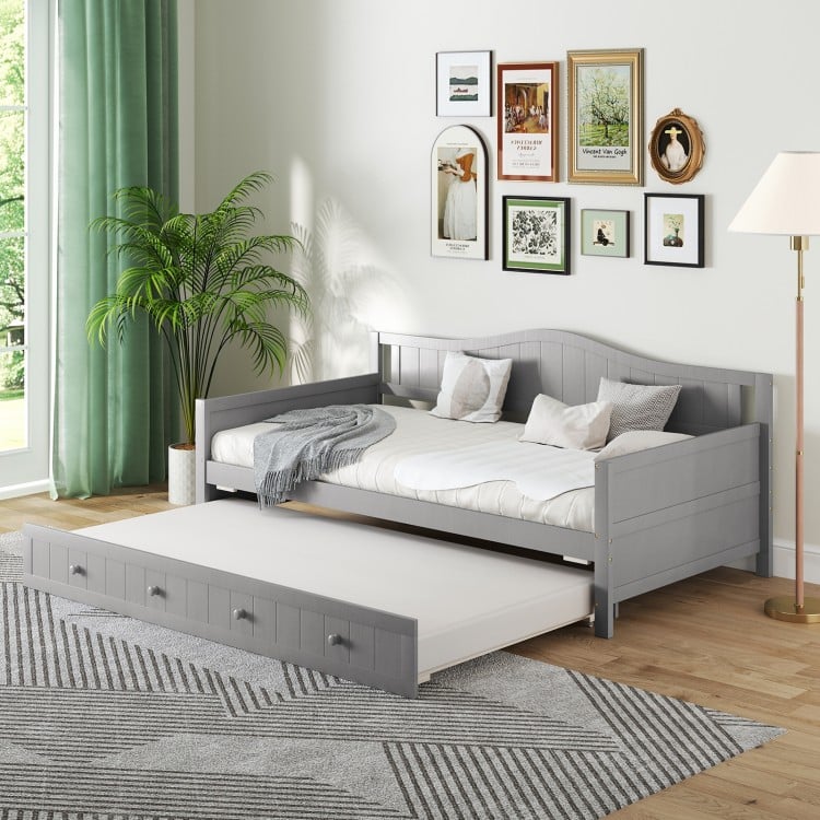 Twin Size Daybed with Trundle and Slats Support on Wheels
