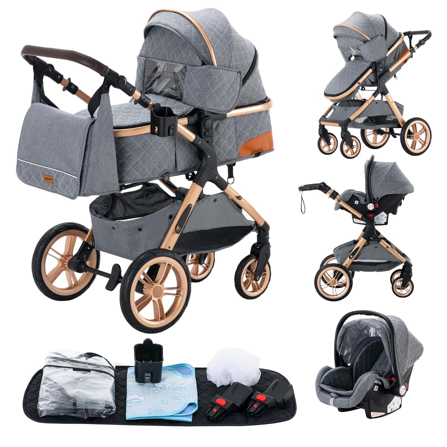 YAZOCO kinderwagen 3 in 1, Zusammenklappbar kinderwagen mit Wickeltasche,Komplettset Becherhalter,Moskitonetz, Fußabdeckung,Sitzzubehör (4 Rosa)