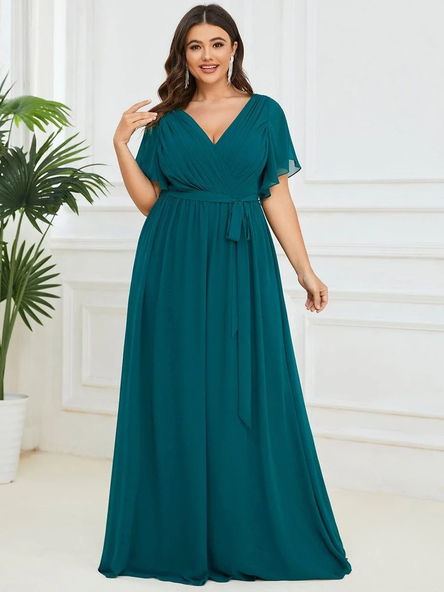 Abendkleid Damen Maxi A-Linie aus Chiffon | Festliches Kleid f��r Hochzeitsg?ste mit V-Ausschnitt und Fl��gel?rmeln