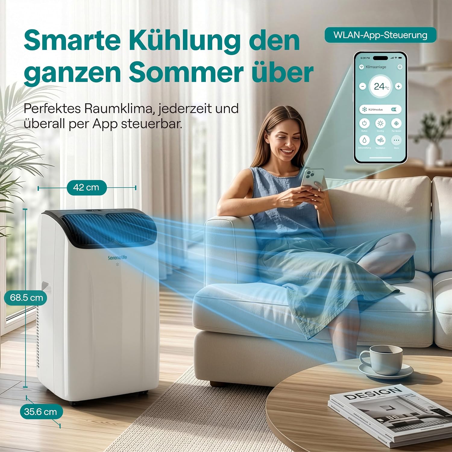 SereneLife Klimaanlage Mobil 14000 BTU – Kleine Klimaanlage für Zimmer bis 33 m² | WiFi | Kühlung, Entfeuchter & Ventilator | 51 dB