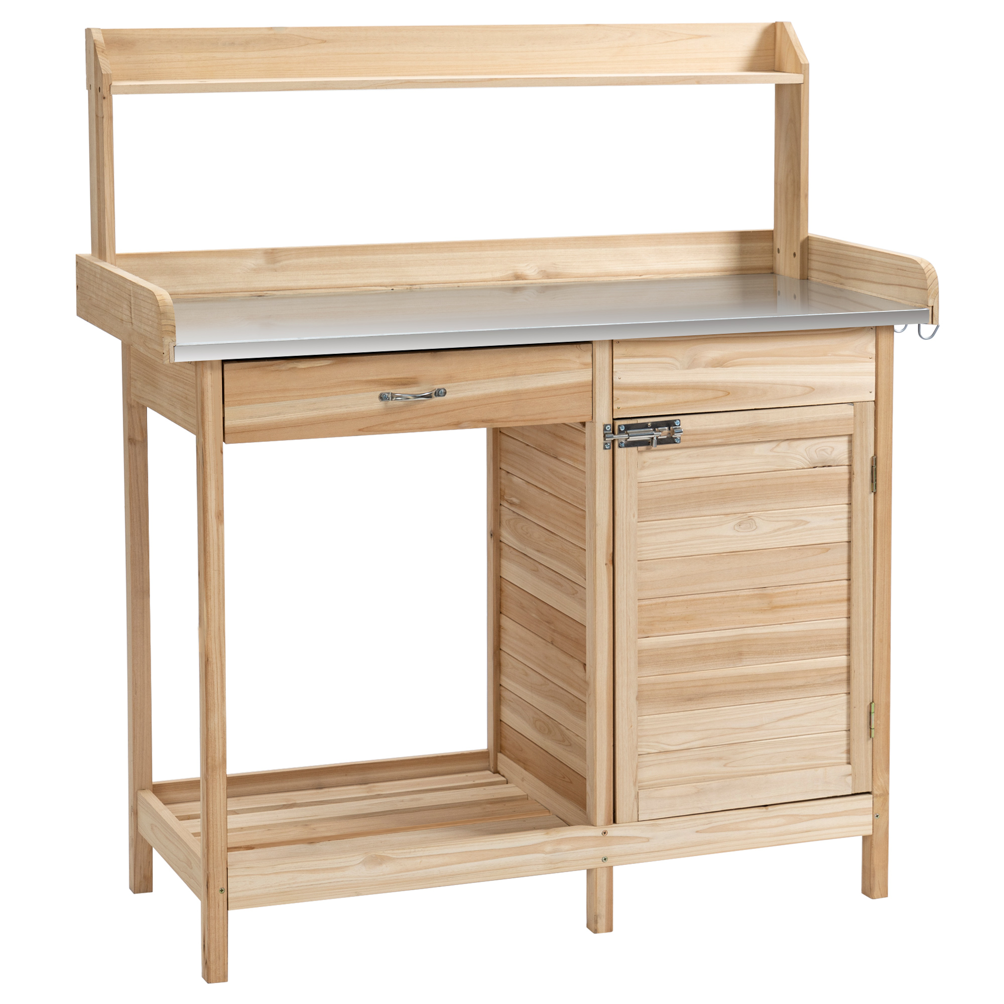 Outsunny planttafel met gegalvaniseerd werkblad, tuintafel met lade, kast, tuinwerktafel, massief hout, naturel, 112 x 45 x 125 cm