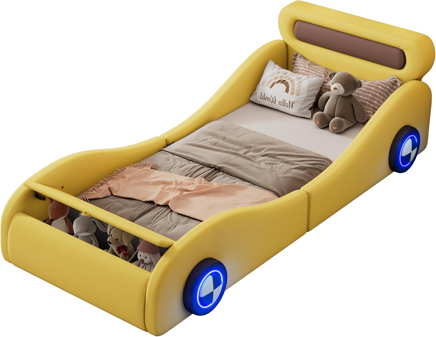 Autobett Kinderbett Jugendbett 90x200, Polsterbett Einzelbett mit leuchtenden Rädern&Stauraum, Aufregendes Auto Kinderbett für kleine Rennfahrer, Kinder Spielbett mit Lattenrost, PU,Ohne Matratze,Gelb