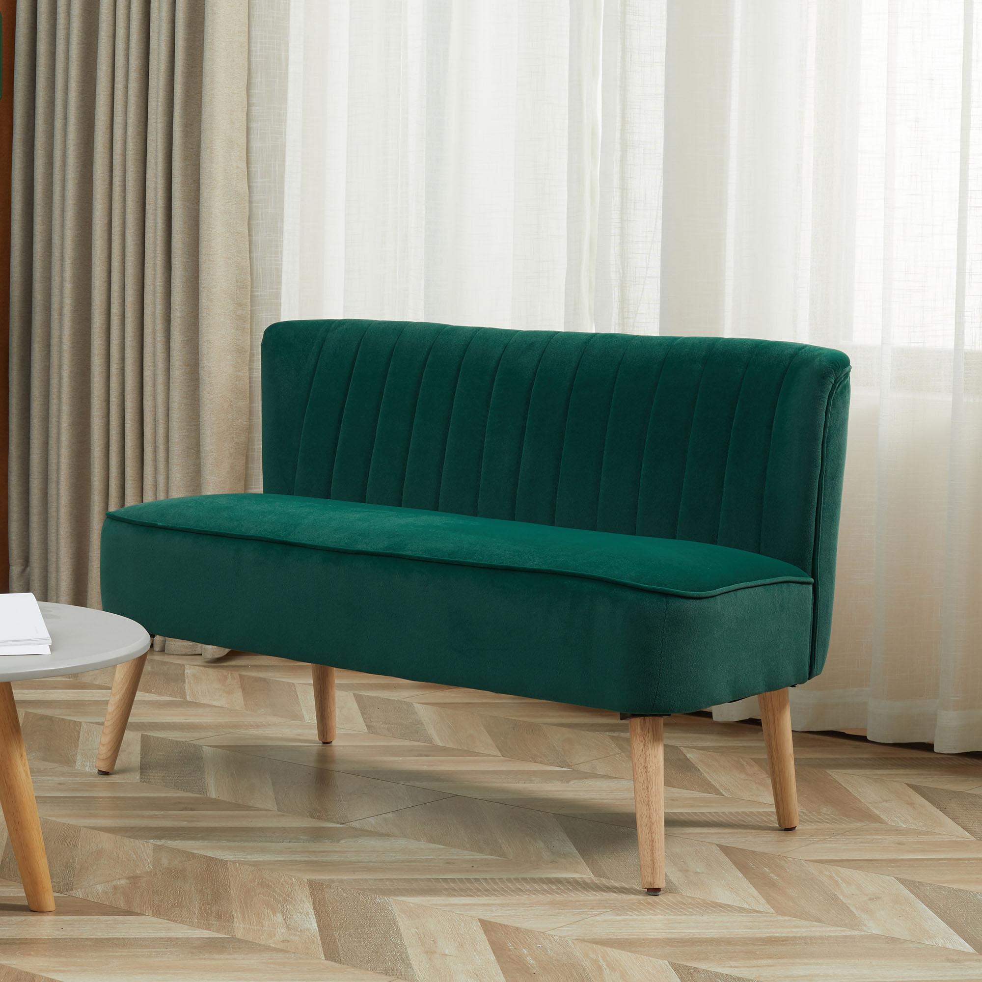 Sofa Retrodesign 2-zitsbank, houten poten, 117 cm x 56,5 cm x 77 cm, Donkergroen