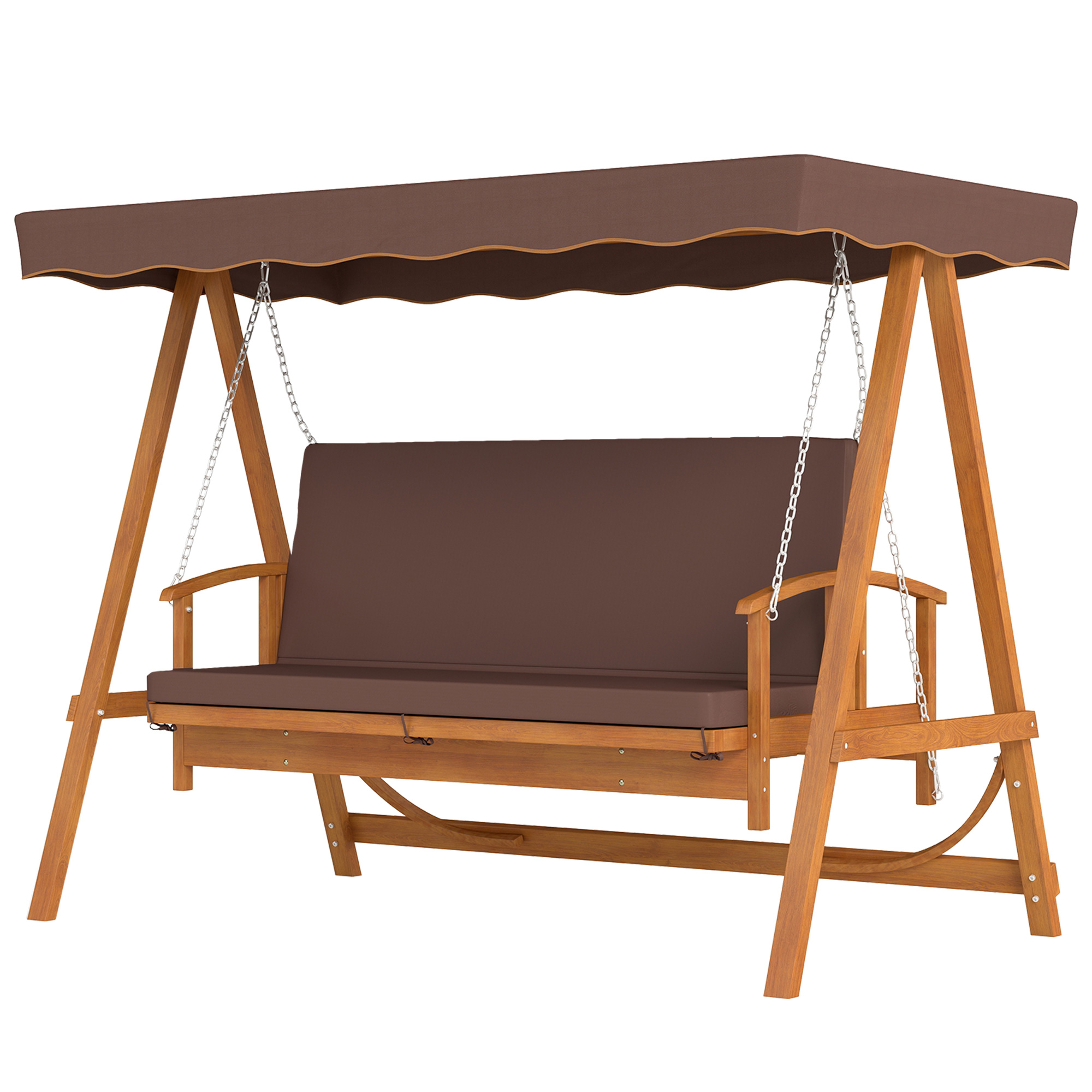 Outsunny Hollywoodschommel met Zonnedak, Echthouten Tuinschommel, Schommelbank met Ligfunctie, Voor 3 Personen, Bruin