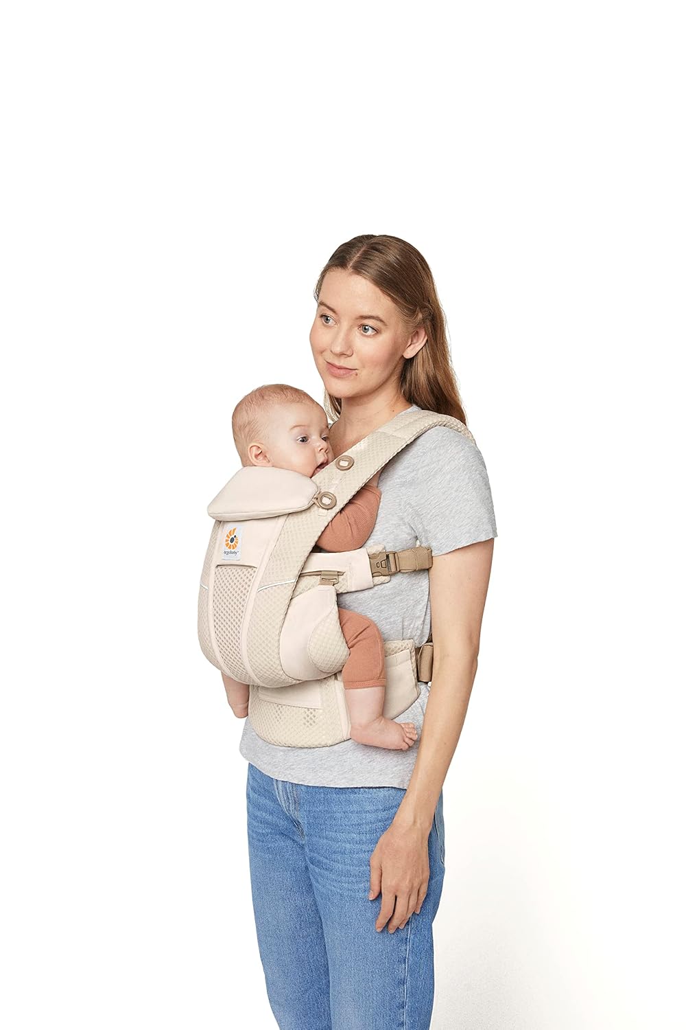 Ergobaby Omni Breeze Babytrage für Neugeborene ab Geburt bis 20kg, 4 Positionen SoftFlex Mesh Ergonomische Babybauchtrage Rückentrage Baby-Tragetasche, Natural Beige