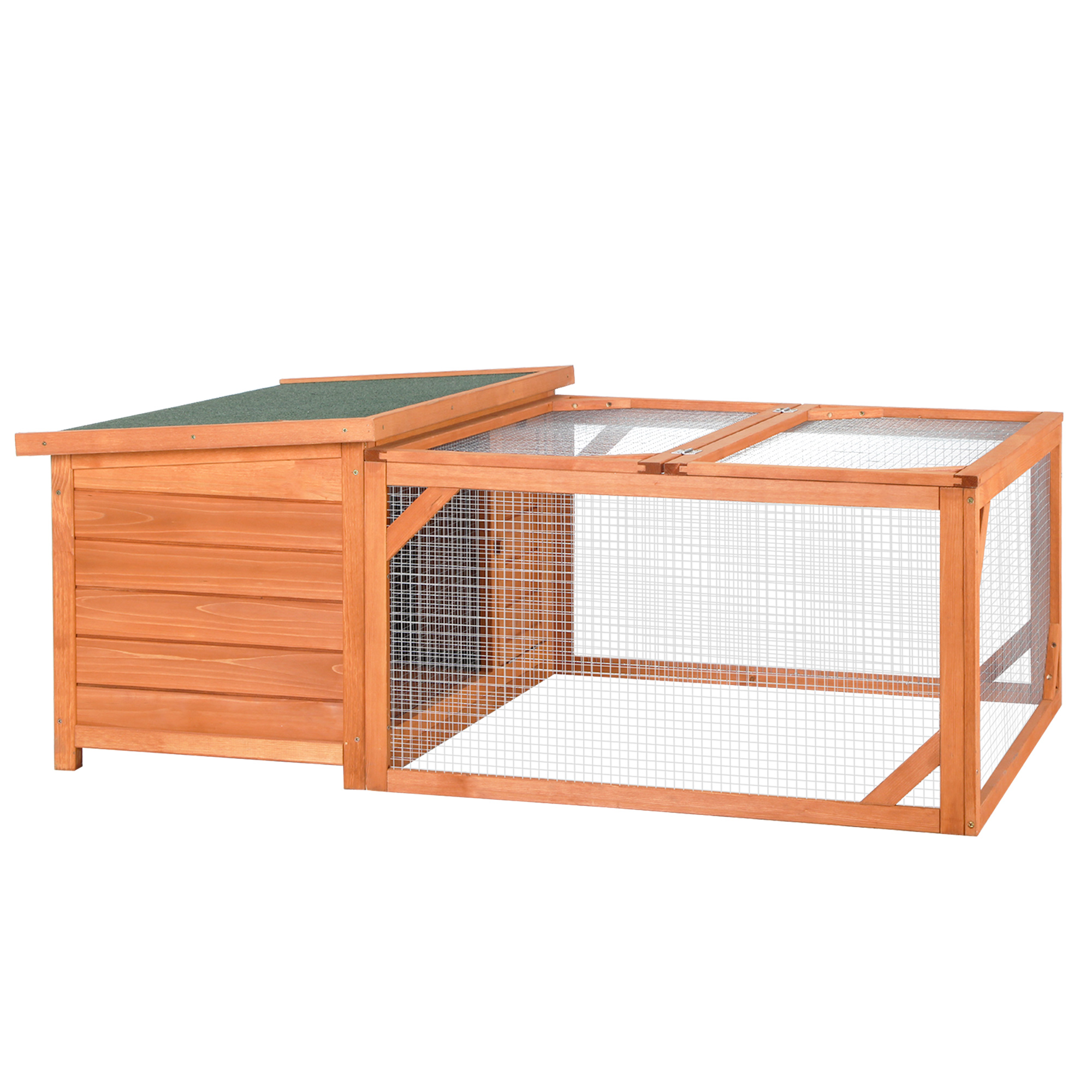 konijnenhok, konijnenhok, klein dierenhok met te openen asfaltdak, buiten, binnen, achtertuin, dennen oranje + groen, 125,5 x 100 x 49 cm