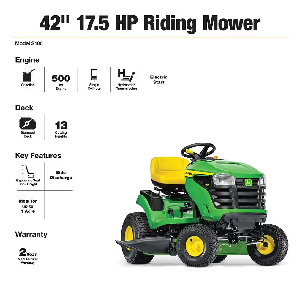 John Deere S100 ride-on lawnmower, 107 cm (42 inch) cutting width – 17.5 hp petrol hydrostatic drive