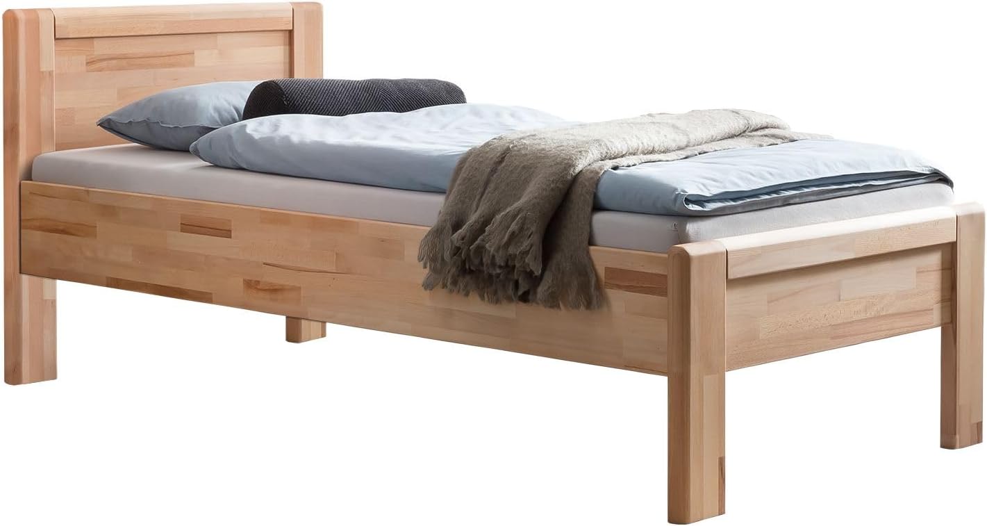 Ewen Seniorenbett Massivholz 90x200 cm Komforthöhe aus geölter Kernbuche, Natur, mit Auflageleisten, 48 cm Einstiegshöhe, Belastbarkeit: 160 kg, Bettgestell