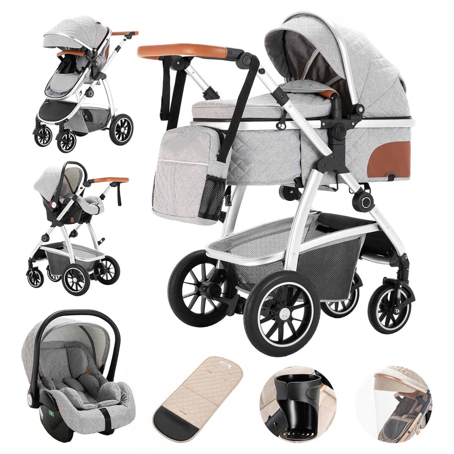 Gcarebb 3 in 1 Kinderwagen, Buggy Mit Auto Babyschale, Mit Höhenverstellbarer Kinderwagen Komplettset, KombiKinderwagen Mit Aluminiumrahmen für Neugeborene 0-4 Jahre