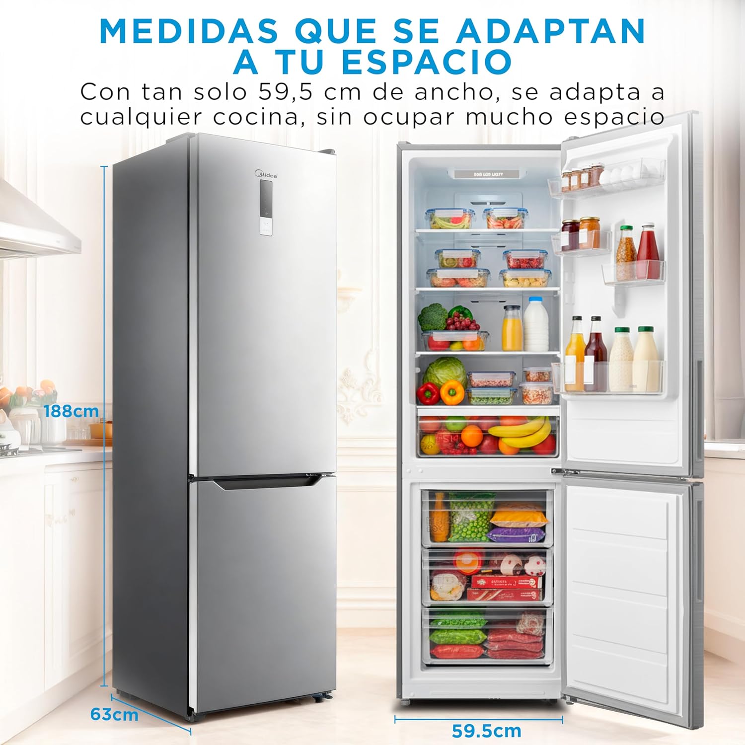 Midea No Frost Combi Fridge | 60 cm Wide x 188 cm High | Stainless Steel | Free Fridge Installation 224 L + 86 L Freezer – Low Consumption Fridge with Vertical Freezer