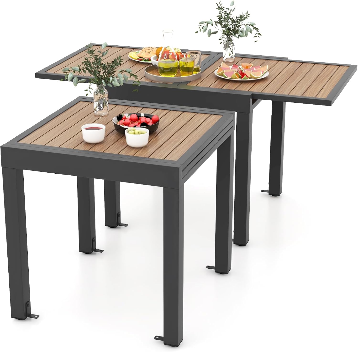 COSTWAY Gartentisch Aluminium ausziehbar, 80/160x80cm, wetterfester Esstisch mit Tischplatte in Holzoptik, rechteckiger Terrassentisch für 4-6 Personen, Ausziehtisch für Garten, Terrasse