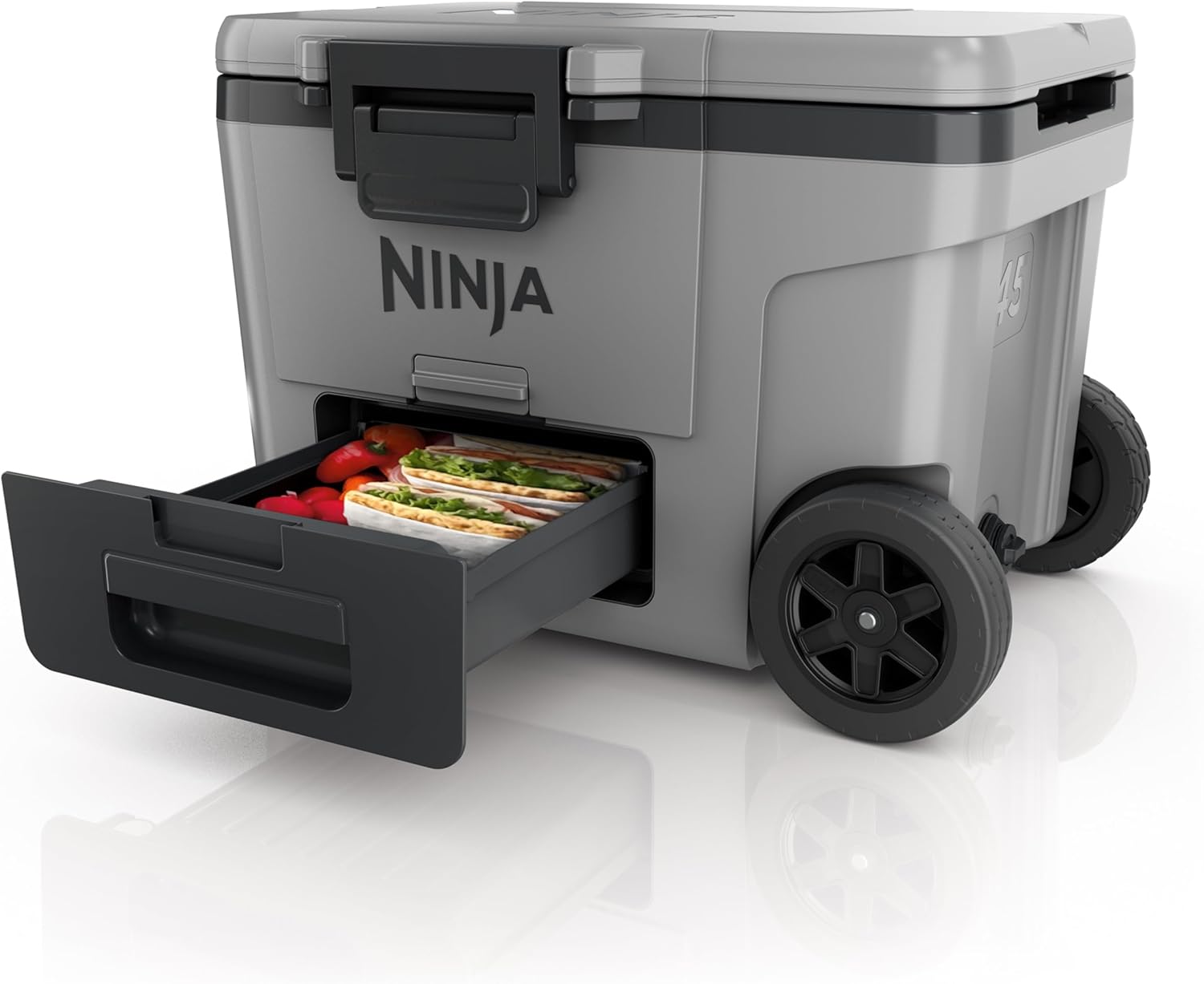 Ninja FrostVault Kühlbox mit Rollen und Isolierung, integrierter Dry Zone Schublade mit Kühlschranktemperatur, hält Eis tagelang, bietet Platz für bis zu 68 Dosen, Schiefergrau, FB245EUGY