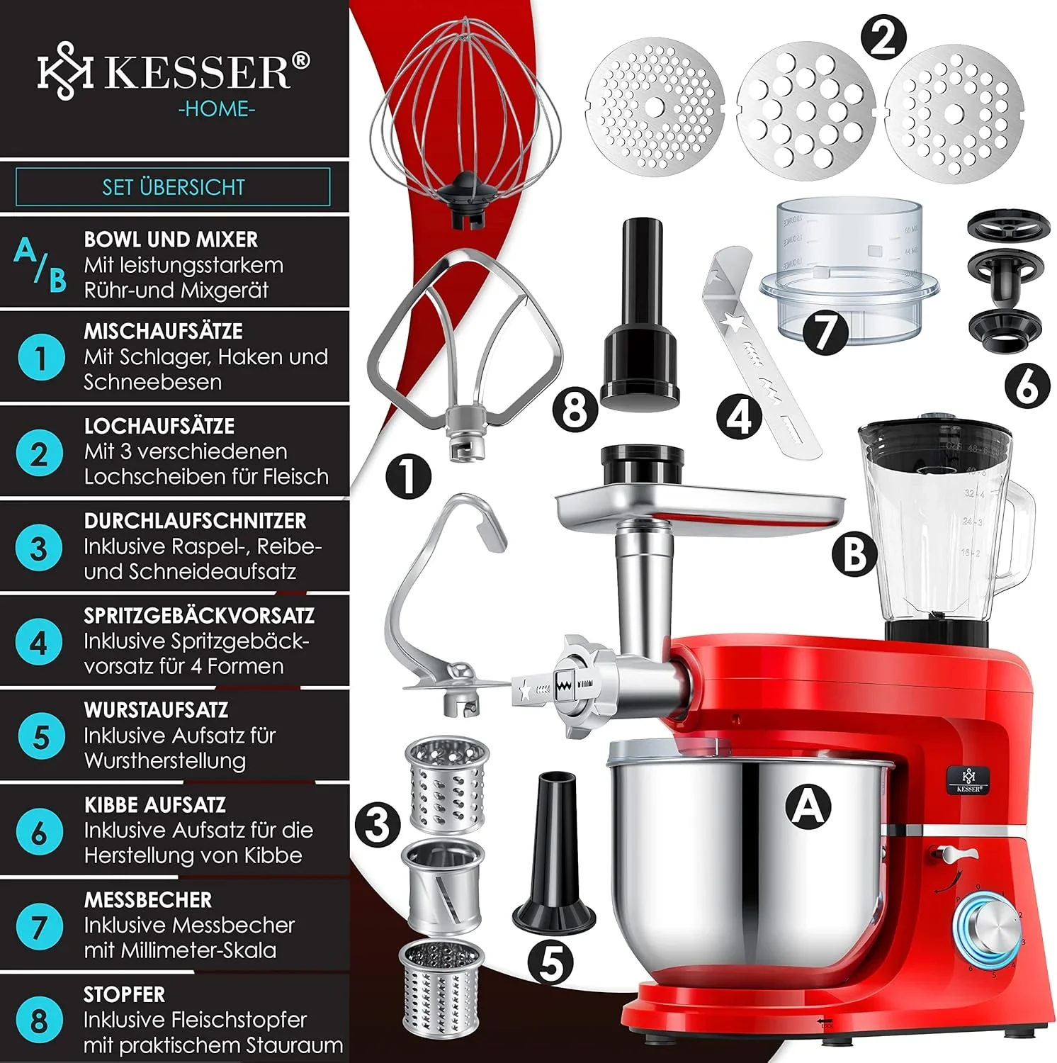 KESSER? 3 in 1 Universal K��chenmaschine K-KM 3000 mit Fleischwolf Knetmaschine Multifunktionale R��hrmaschine 5,5L Sch��ssel mit 3 R��hrwerkzeuge, 1,5L Entsafter, Zubeh?r-Set, Pasta & Geb?ckformen