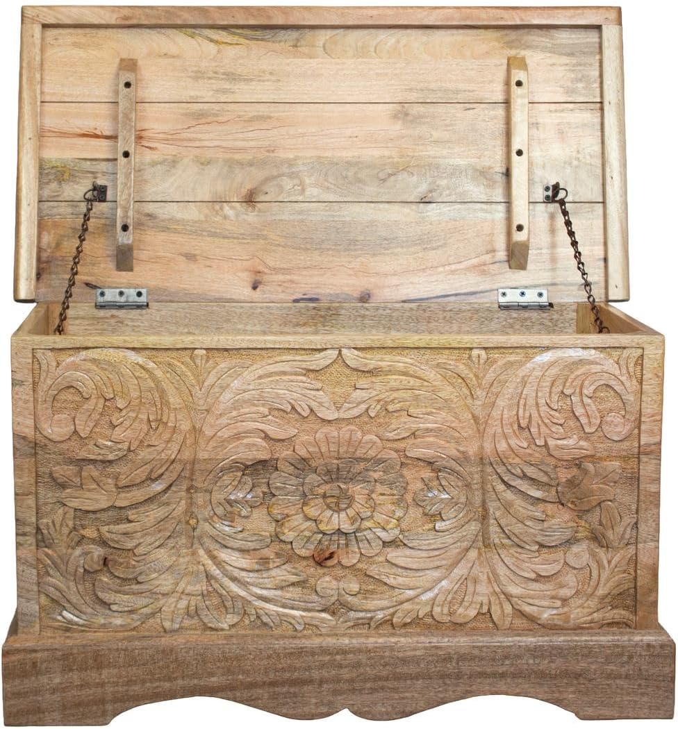 Oriental Galerie Indische Holztruhe Wäschetruhe Rustikale Truhe Kiste Box Holz Indien Massiv Antik-Optik Braun Natur 80cm
