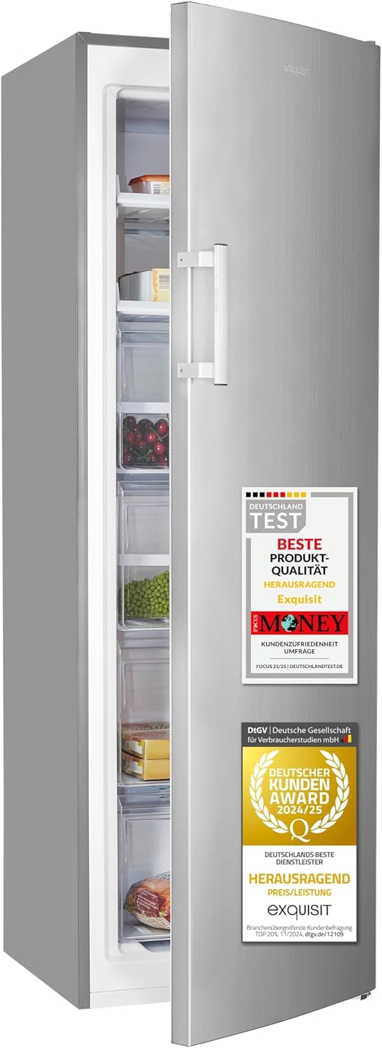 Exquisit Gefrierschrank | 204 l Nutzinhalt, Energieklasse E, 39 dB(A) | NoFrost, Schnellgefrieren, elektronische Temperaturregelung, Türalarm, hohe Bauform | GS5271-NF-H-040E inoxlook