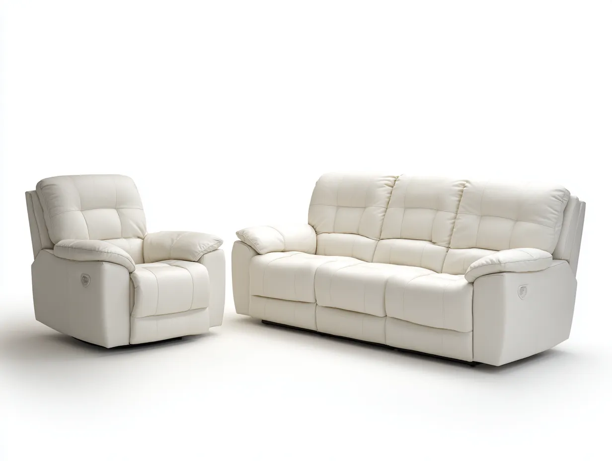 Relaxsofa Sets-Leder-Metall-Holz-218x100x105 cm-creme-modernes Design