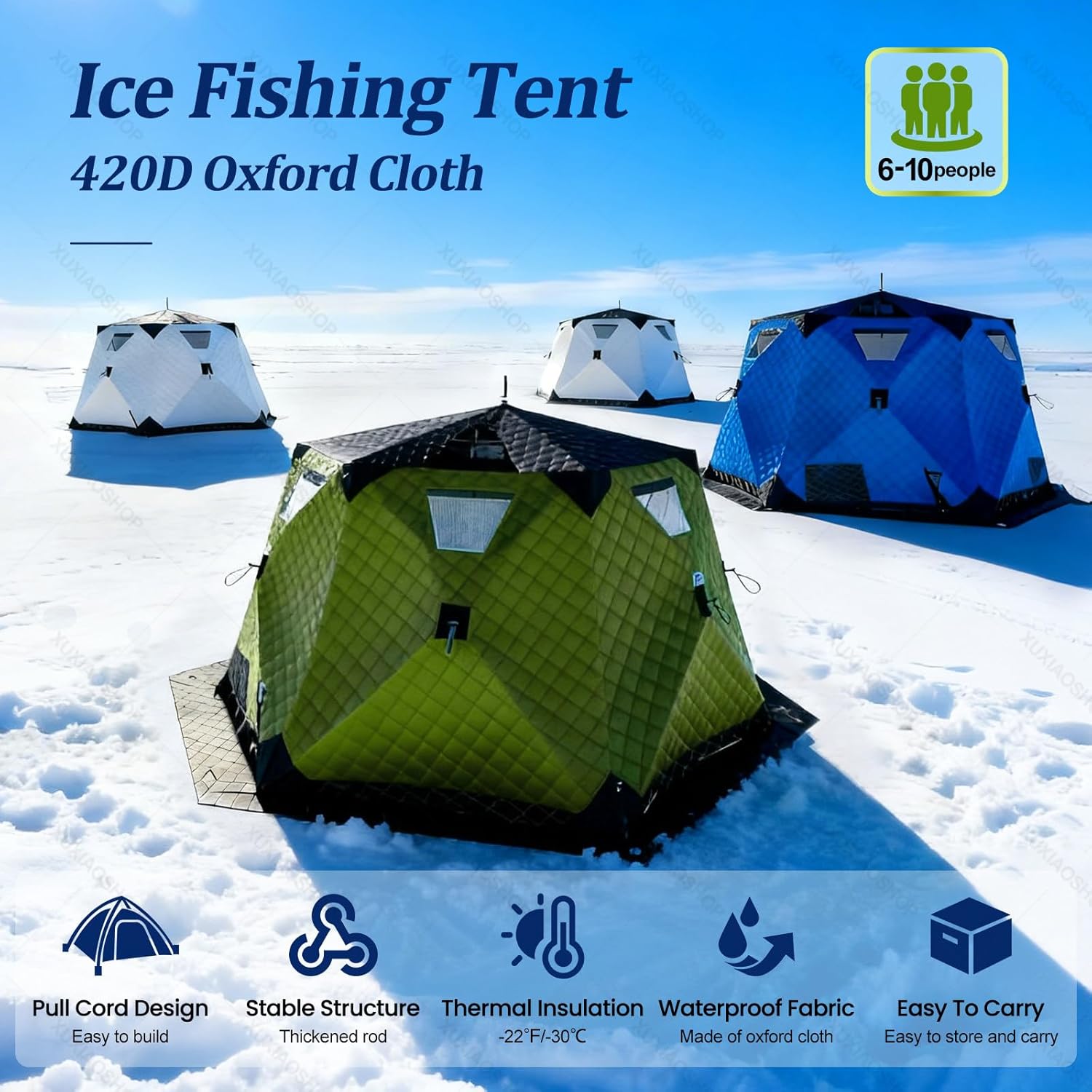 Winter-Angelzelt, sechseckiges Zelt zum Eisangeln, Isoliertes Eisangelzelt, mit Loch für Herd und Boden, für 6-10 Personen, mit schwarzer Tragetasche