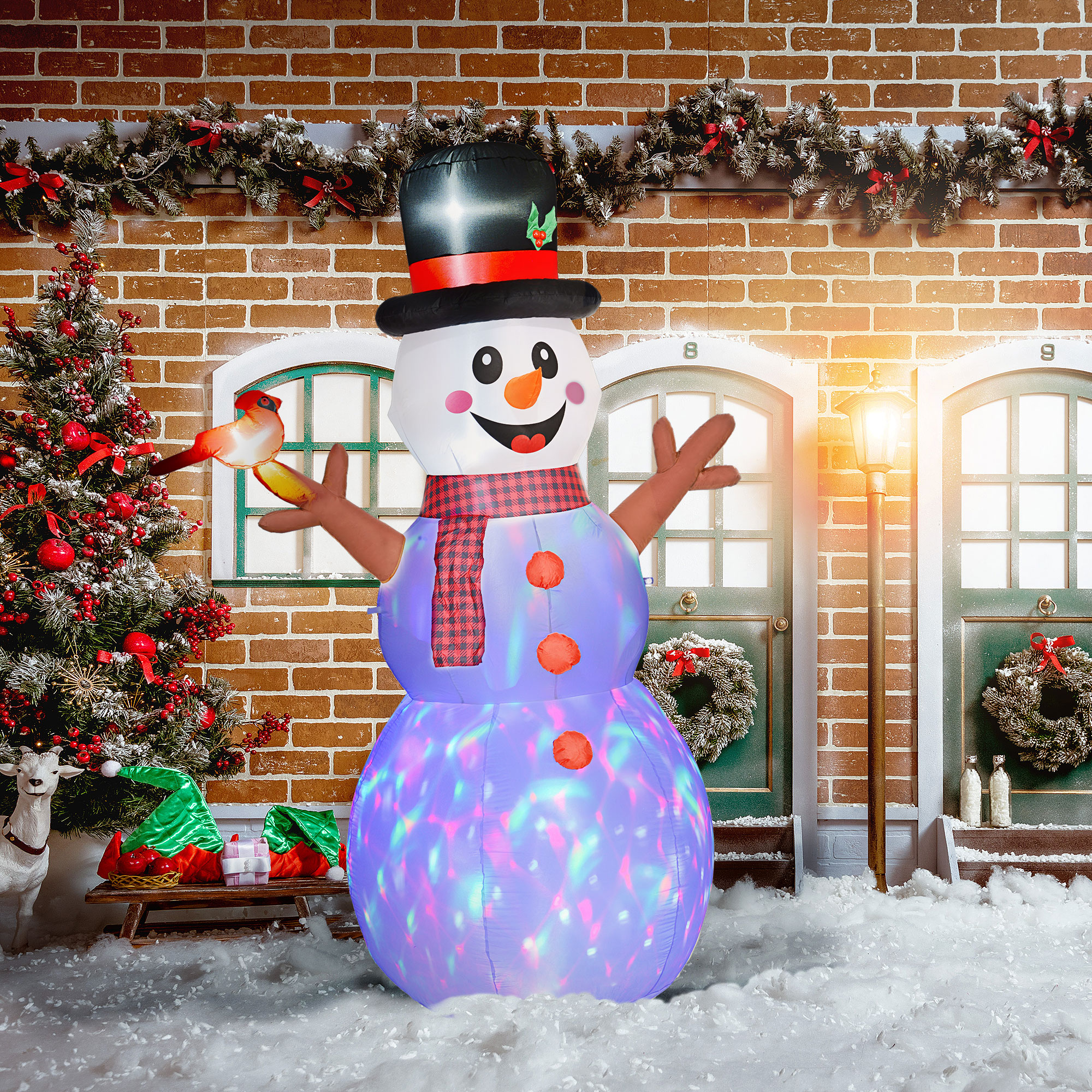 Outsunny Grote Sneeuwpop, 2,40 m, Kerstdecoratie met LED��s, Zelfopblazend, Polyester