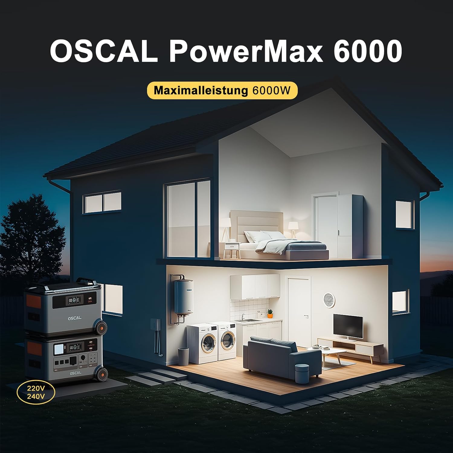 OSCAL PowerMax 6000W (9000W Peak) Solargenerator, 3600Wh Tragbare Powerstation, Erweiterbar auf 57.6kWh, LiFePO4-Akku, Vollladung in 1,96 Std, USV, Mobiler Stromspeicher für Camping, Notstrom