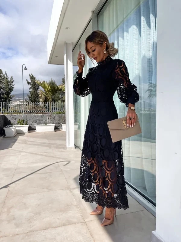 Elegantes Spitzenkleid Damen mit Stehkragen und Puff?rmeln | Leichtes Sommerkleid f��r festliche Anl?sse und Freizeit
