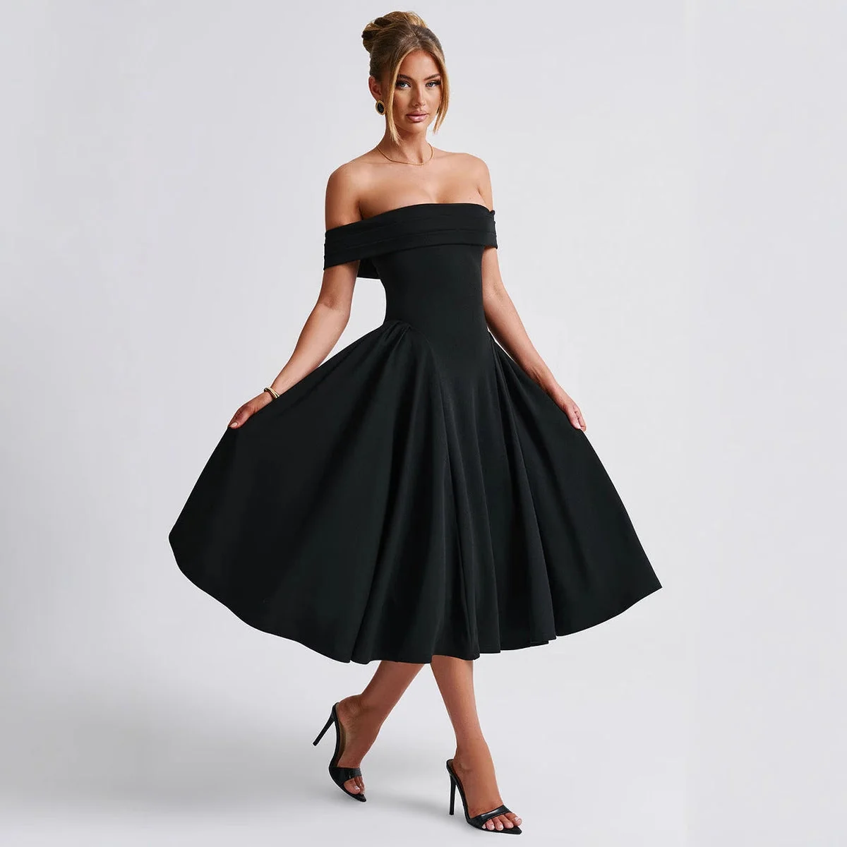 Schulterfreies Midi-Kleid mit ausgestelltem Rock | Festliches Kleid f��r Hochzeitsg?ste und besondere Anl?sse | Taillierter Schnitt