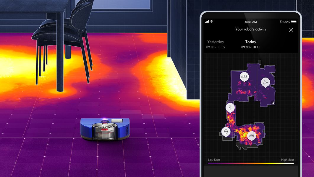 Visualisation de l'aspirateur robot identifiant les points chauds autour d'une salle de s&eacute;jour, avec un curseur montrant des quantit&eacute;s de poussi&egrave;re faibles &agrave; &eacute;lev&eacute;es avec des couleurs diff&eacute;rentes.